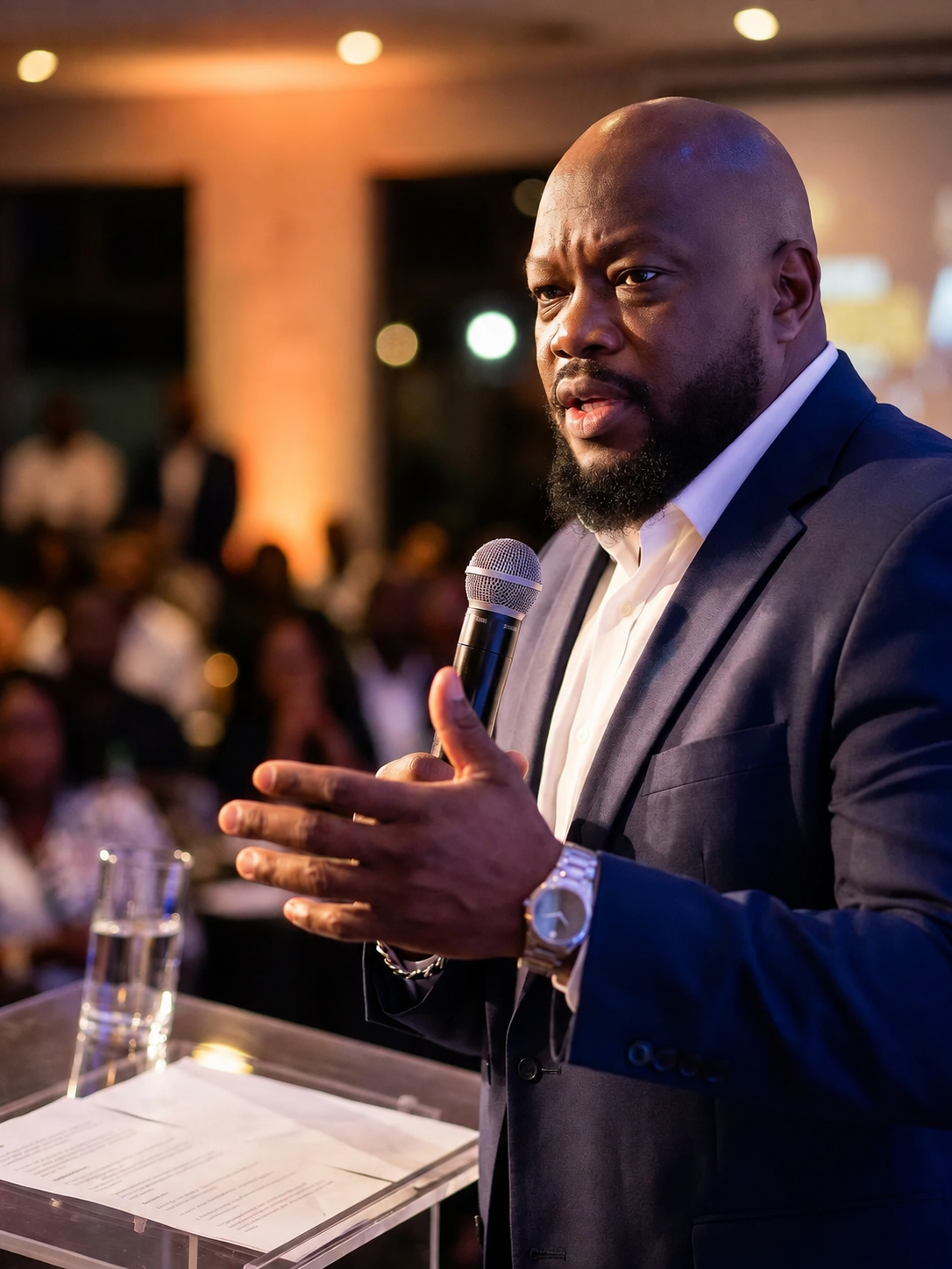 Cory Hampton in a navy suit speaking into a microphone on stage at an event.